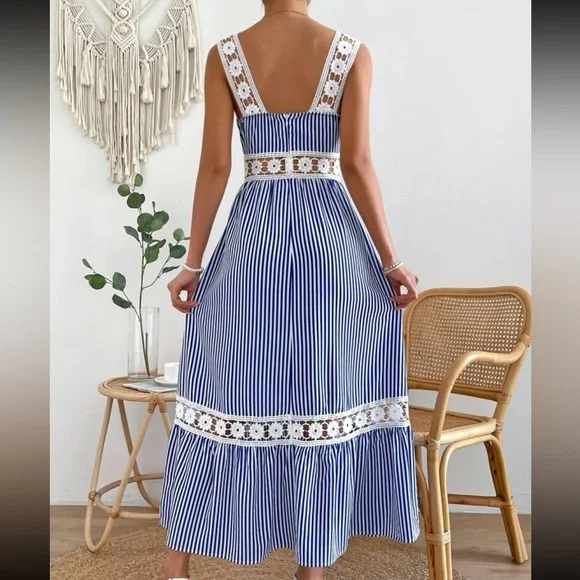 Boho Stripes Floral Sheer Mesh Lace Tiered Cami Maxi Dress - Picture 3 of 6